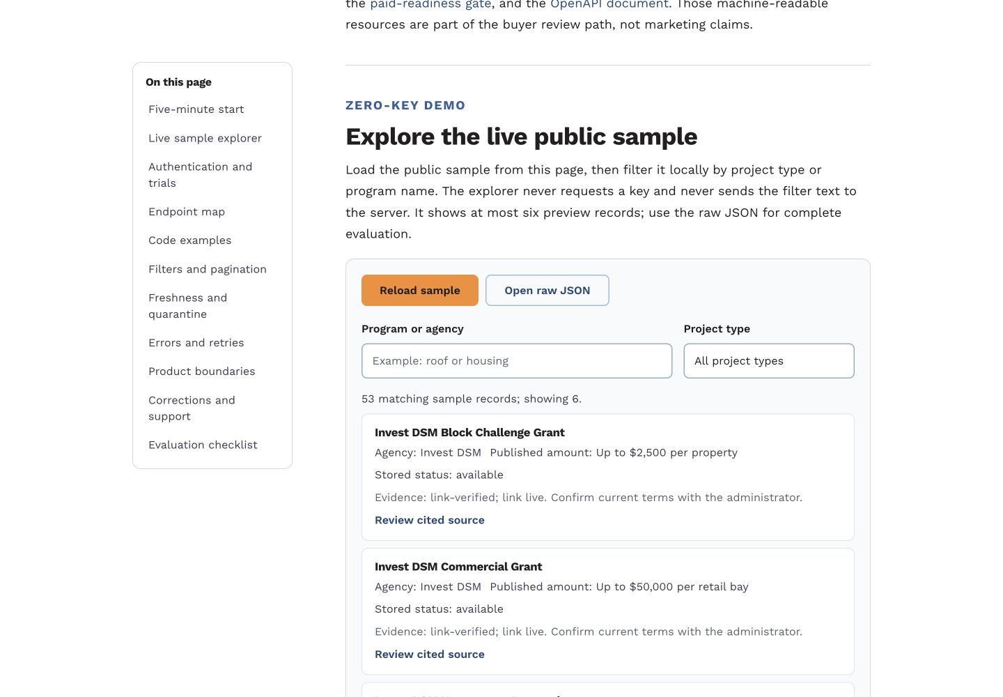 The Grant Map no-key API explorer showing sample program names, agencies, published amounts, funding status, evidence labels, and cited-source links